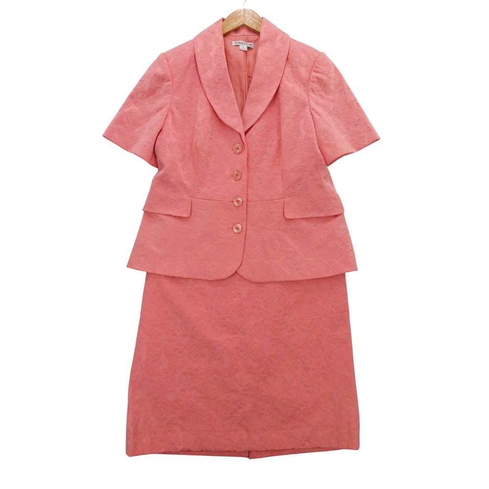Pendleton‎ Skirt Suit Sz 12 Coral Pink Floral Jacquard Short Sleeve 2 Piece Set
